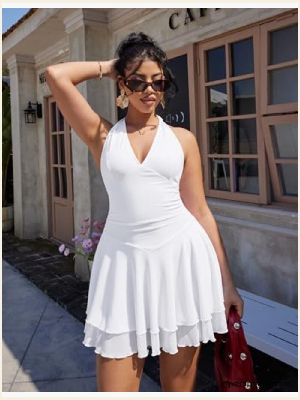 Sleeveless Halter V Neck Ruched Waist Mesh Tiered Ruffle Hem Mini Dress - Picture 4 of 7